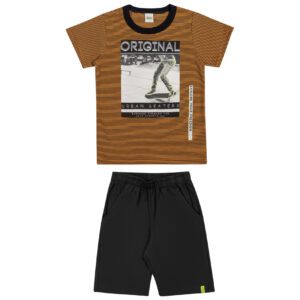 Conjunto Elian Manga Curta Masculina Marrom/Listrado 241123