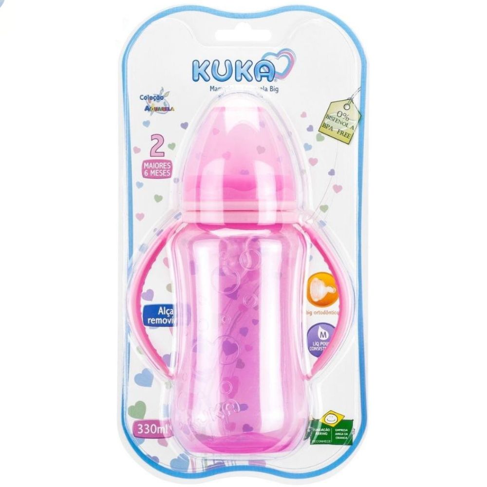 Mamadeira Kuka Aquarela Big Bico Ortodôntico Rosa Liso 330ml - Imagem 3