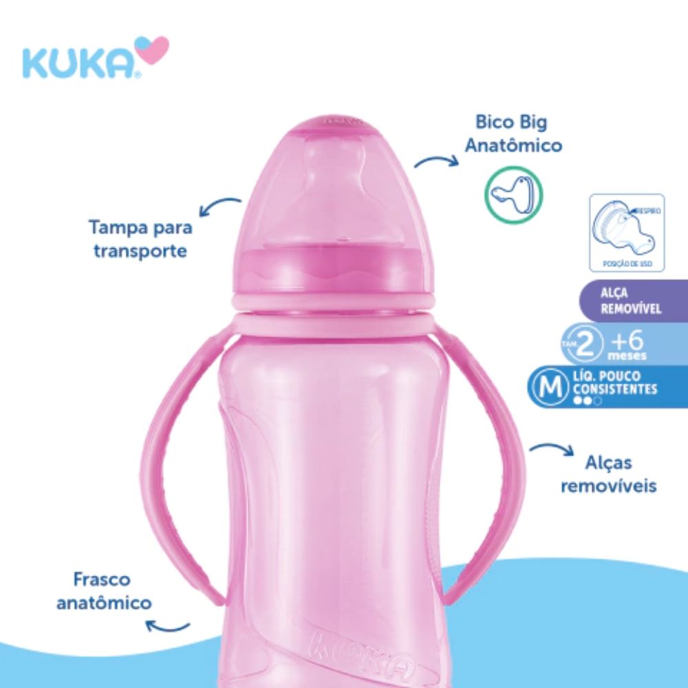 Mamadeira Kuka Aquarela Big Bico Ortodôntico Rosa Liso 330ml - Imagem 2